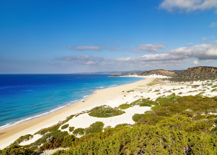 Atemberaubende Aussicht auf den Golden Beach im Karpaz National Park in Nordzypern, mit unberührtem Sand und dichter grüner Vegetation.